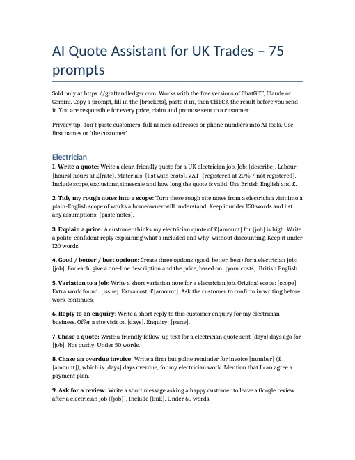 AI Quote Assistant for UK Trades: cover page of the prompt guide