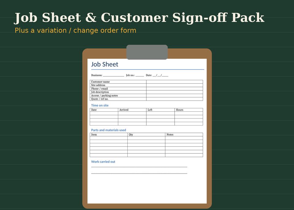 Job Sheet & Customer Sign-off Pack: preview of the template on screen, filled with clearly labelled example data