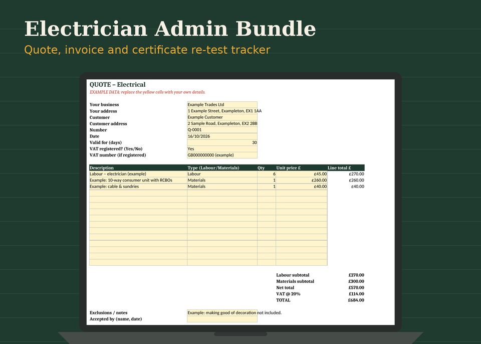 Electrician Admin Bundle: preview of the template on screen, filled with clearly labelled example data