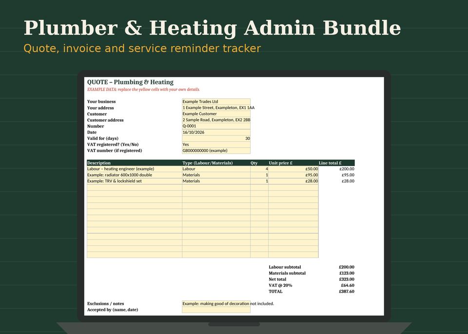 Plumber & Heating Admin Bundle: preview of the template on screen, filled with clearly labelled example data