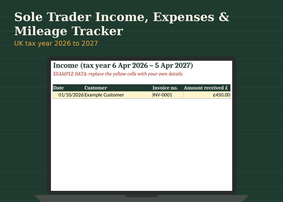 Sole Trader Income, Expenses & Mileage Tracker: preview of the template on screen, filled with clearly labelled example data