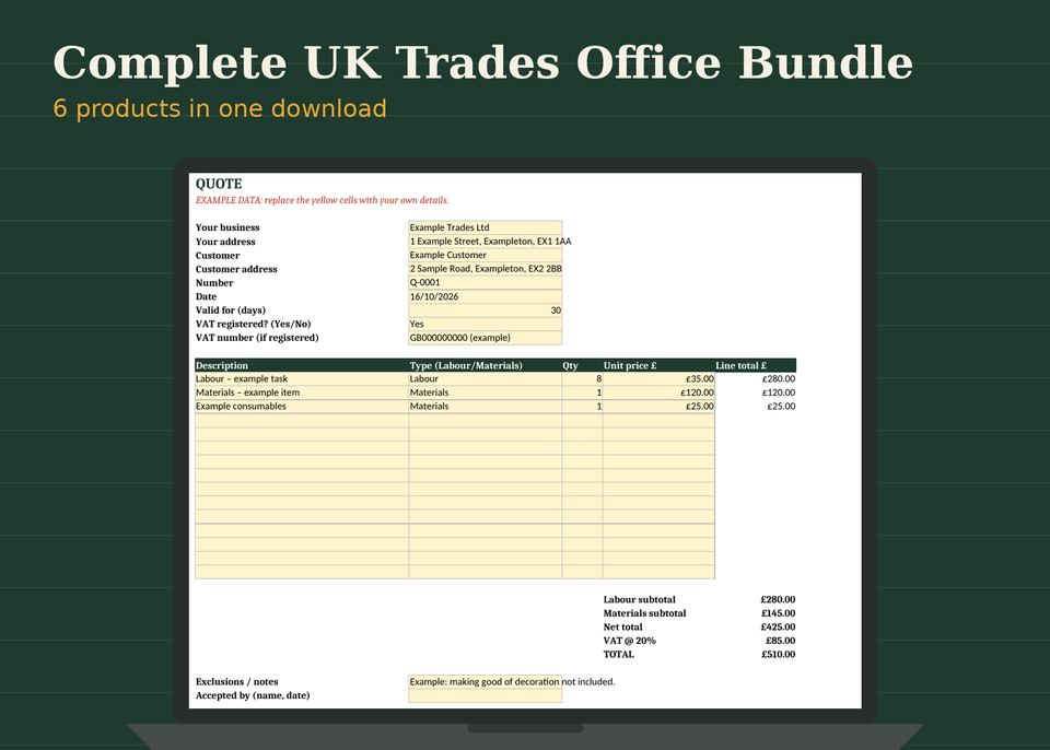 The Complete UK Trades Office Bundle: a quote template open on a laptop, filled with example data